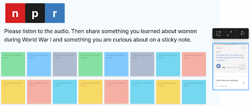 An NPR audio track, a prompt, and blank sticky notes in a FigJam.