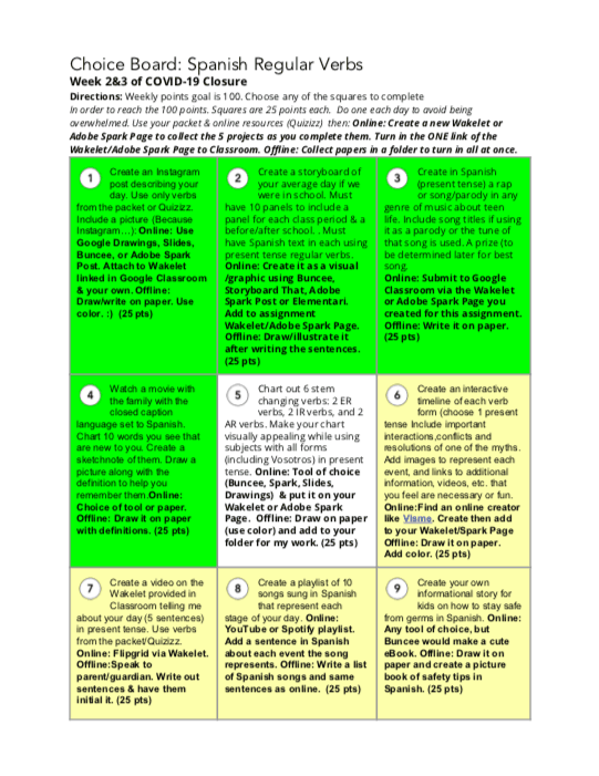 Home Learning with Choice Boards During School Closures